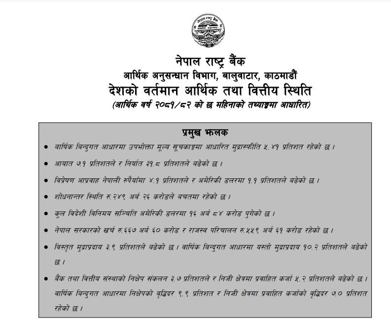 नेपाल राष्ट्र बैंकको प्रतिवेदन: मुद्रास्फीति ४.७१ प्रतिशत, आयात र विप्रेषण प्रवाहमा वृद्धि