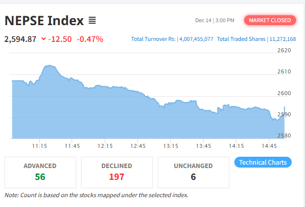 NEPSE Slips Below 2,600 After 14 Trading Days, Index Falls by 12.50 Points